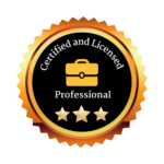 Best Plumbers Near Me Coppery gold and black badge certifying that he is licensed and professional